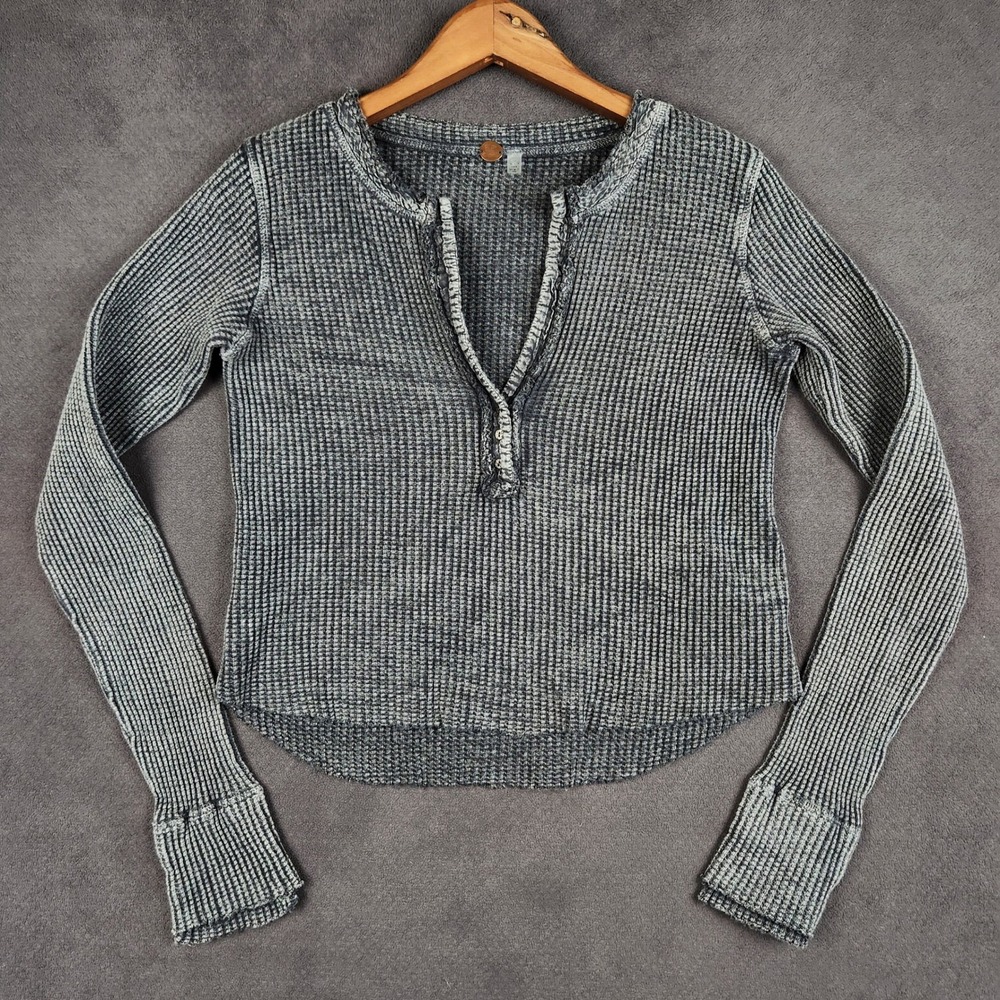 Free People FP One Colt Thermal Top Womens Small Gray Waffle Knit Henley